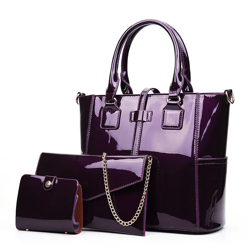 🔥 2025 New Released Glossy Patent Leather Bag Set with Tote, Clutch, Purse