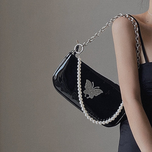 Butterfly Pearl Patent Leather Women's Shoulder Bag tioandtiashop