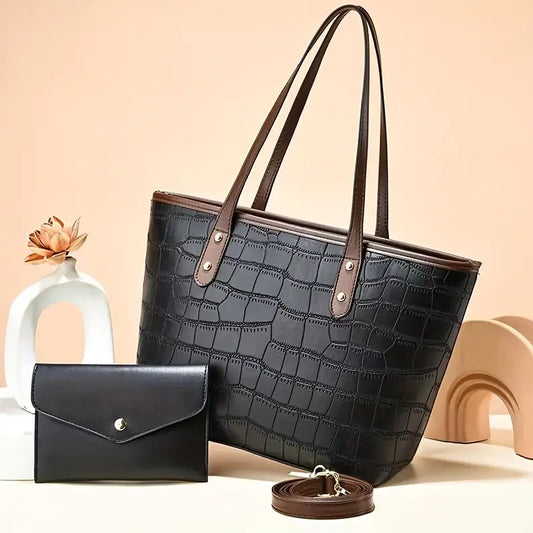 New trending Crocodile Embossed Tote Bag Set with Clutch Purse