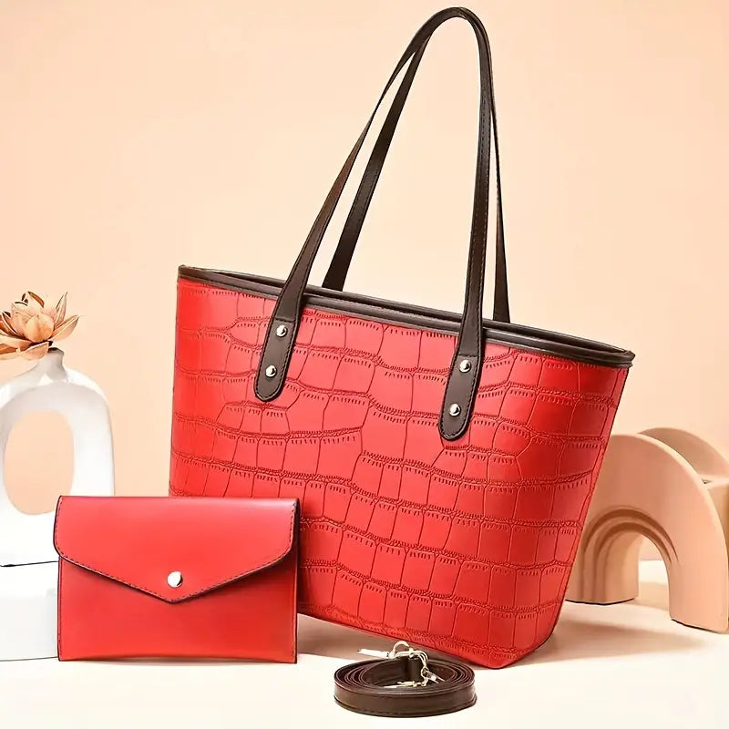 New trending Crocodile Embossed Tote Bag Set with Clutch Purse