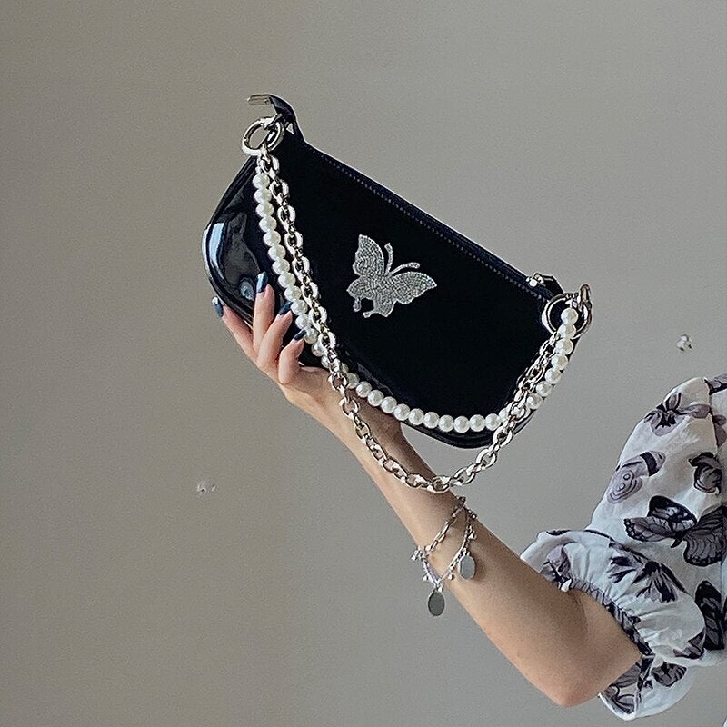 Butterfly Pearl Patent Leather Women's Shoulder Bag tioandtiashop