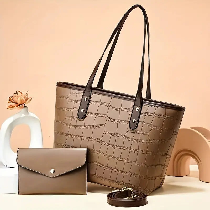 New trending Crocodile Embossed Tote Bag Set with Clutch Purse