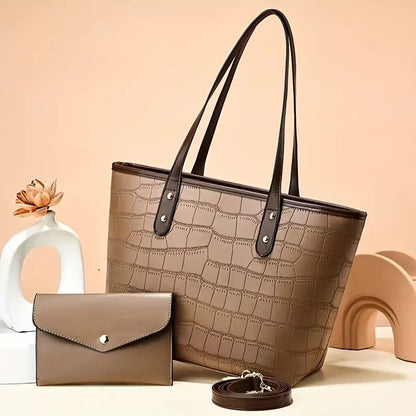 New trending Crocodile Embossed Tote Bag Set with Clutch Purse