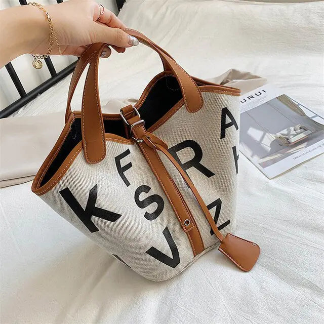 Women's Letter Printed Canvas Tote Bag - Designer Style
