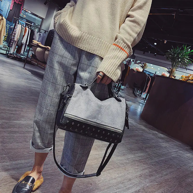 Fashionable Suede Motorcycle Tote Bag with Studs