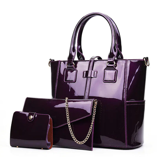 🔥 2025 New Released Glossy Patent Leather Bag Set with Tote, Clutch, Purse
